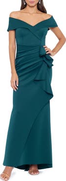 Xscape Evenings Off the Shoulder Ruffle Scuba Crepe Gown