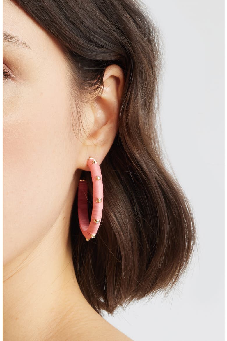 Crystal Accent Raffia Wrapped Hoop Earrings, Alternate, color, PINK- CLEAR- GOLD