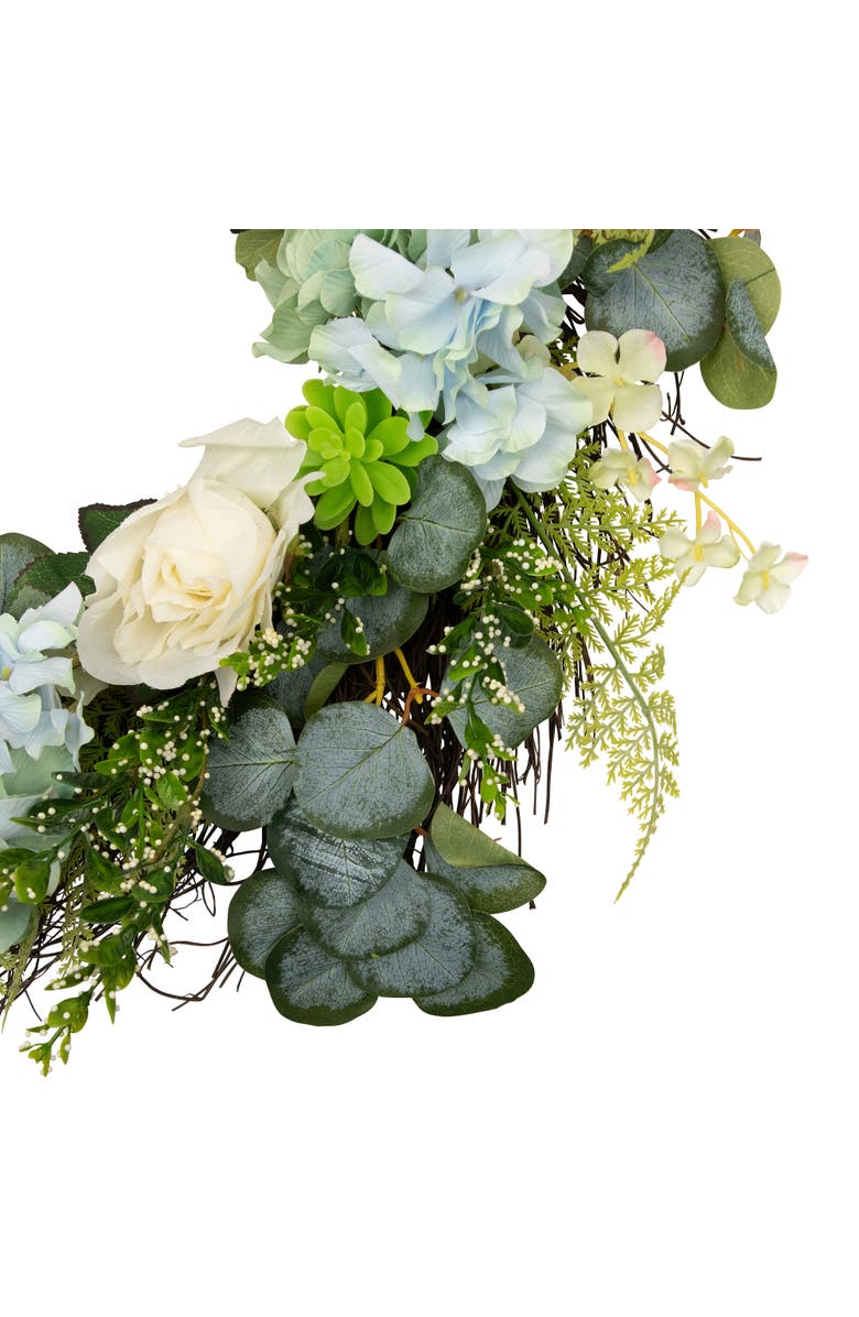 Northlight Hydrangea, Rose and Geranium Artificial Floral Spring Wreath, White and Blue - 24-Inch, Alternate, color,