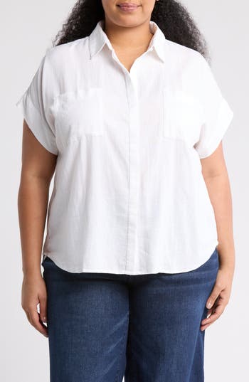 CASLON CASLON® DOUBLE POCKET LINEN BLEND CAMP SHIRT