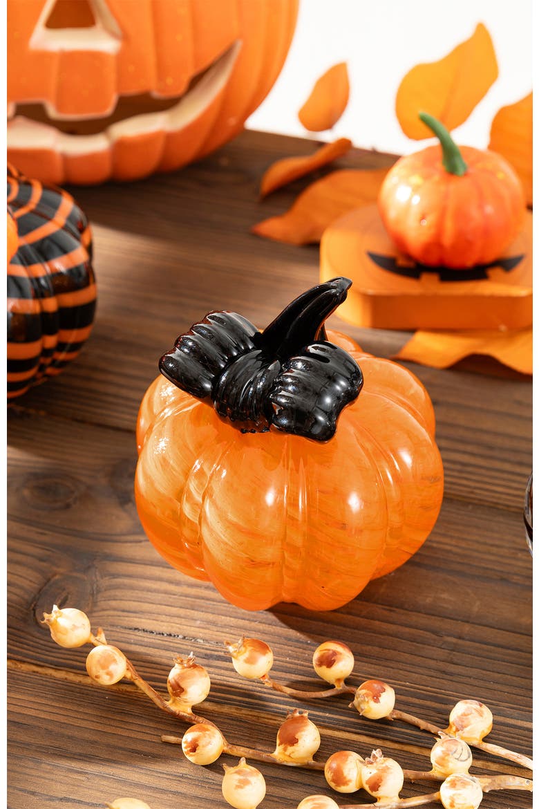 Halloween Striped Glass Pumpkin with Bow, Alternate, color, Orange