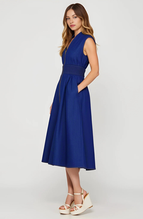 Modenaire Zip Front Sleeveless Denim Midi Dress With Smocked Waist Detail In Blue
