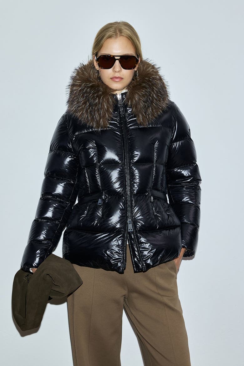 Women's Shiny Down Puffer Jacket With Removable Fur Collar, Alternate, color, Black