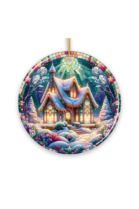 Snowy Cottage Stained Glass Style Ceramic Ornament
