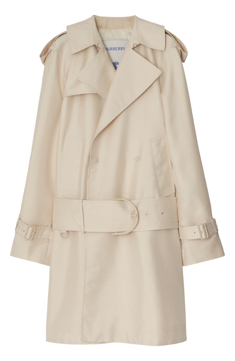 Burberry Double Breasted Drop Waist Belted Silk Blend Trench Coat, Alternate, color,