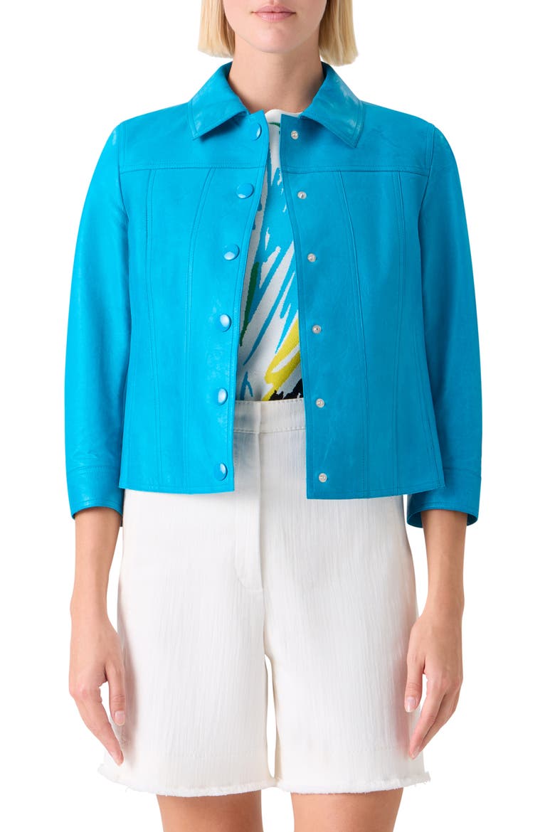 Crinkle Napa Leather Trucker Jacket, Main, color, TURQUOISE