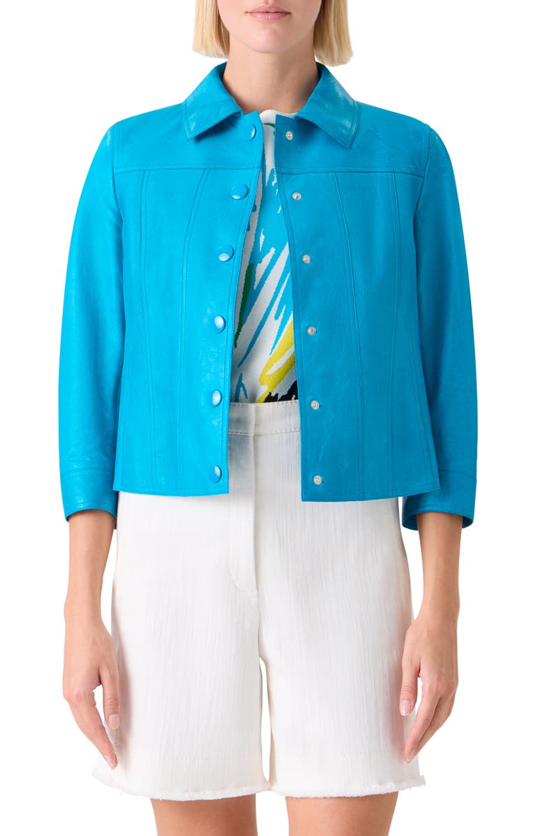 Akris punto Crinkle Napa Leather Trucker Jacket, Main, color, Turquoise