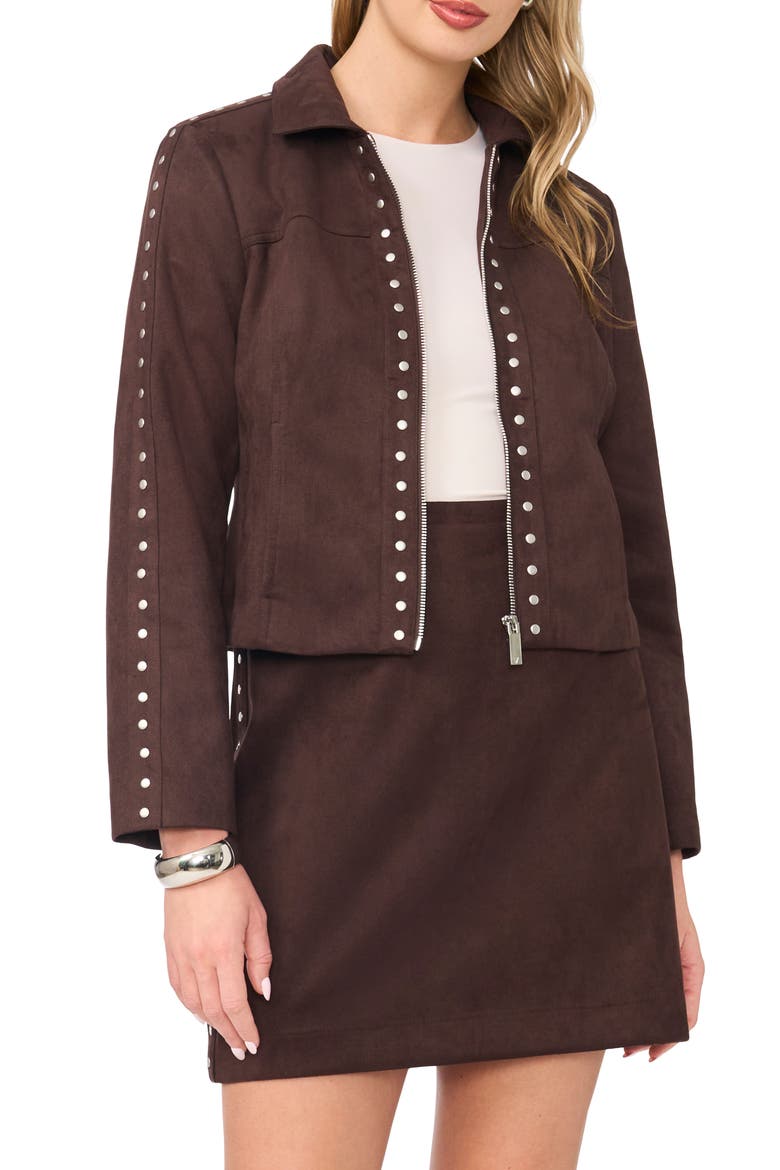 Studded Faux Suede Trucker Jacket, Alternate, color, DARK ROAST