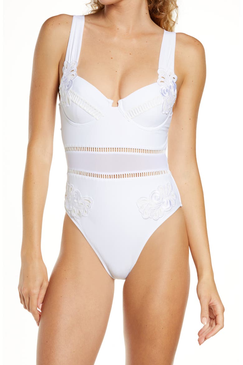 Lace Trim One-Piece Swimsuit, Main, color, WHITE