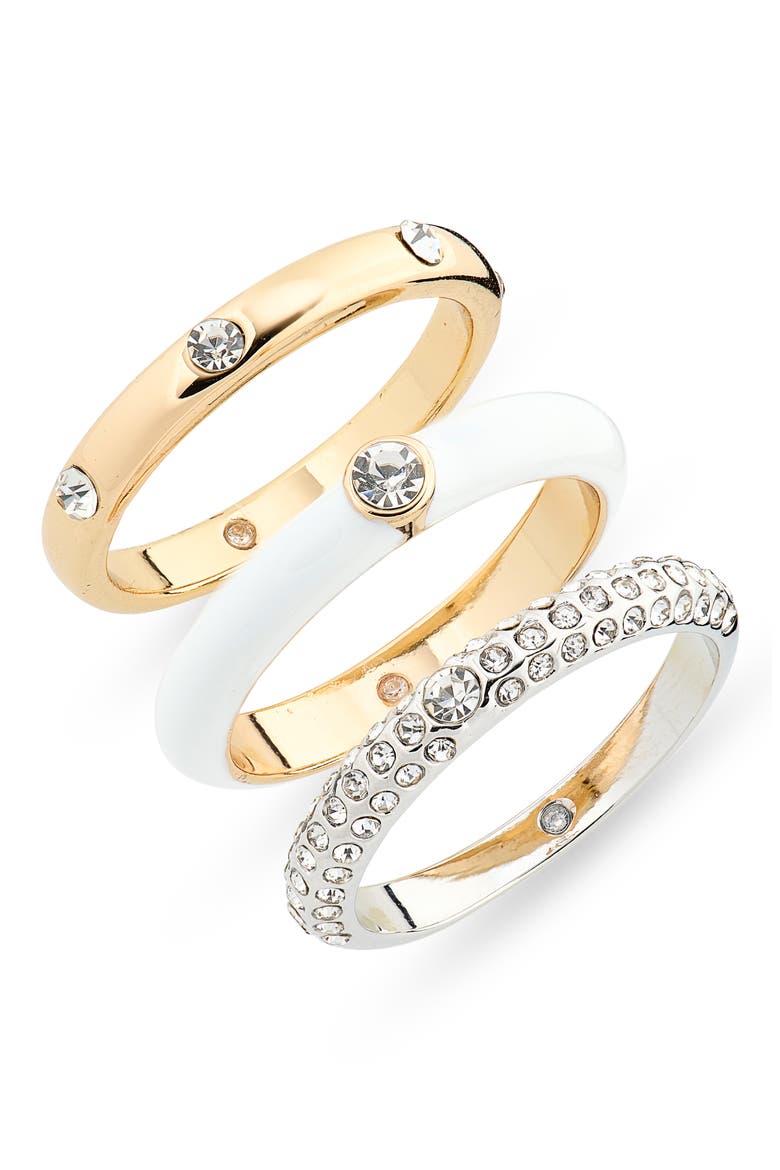 Set of 3 Crystal & Enamel Band Rings, Main, color, WHITE- GOLD