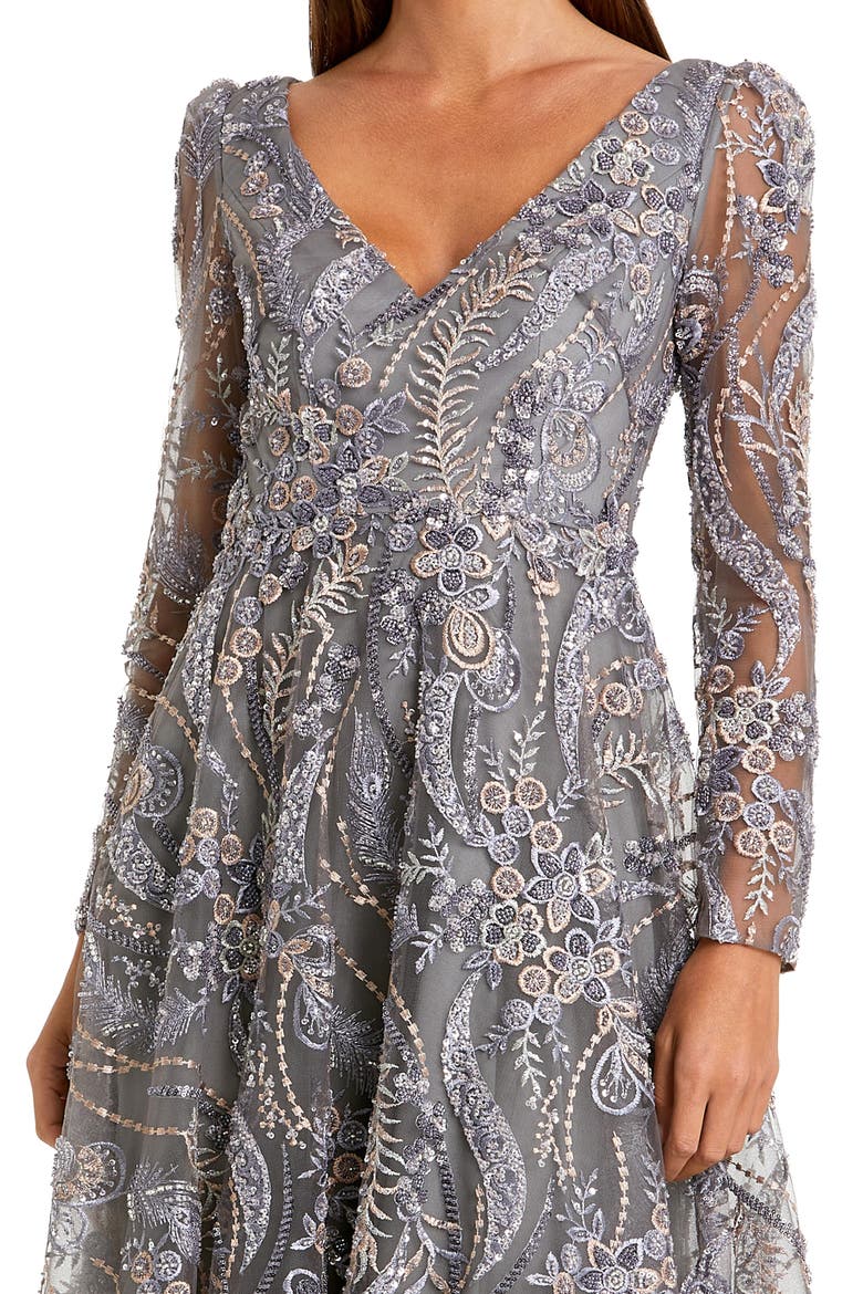 Women's Floral Embroidered Long Sleeve V Neck Midi Dress, Alternate, color, Charcoal