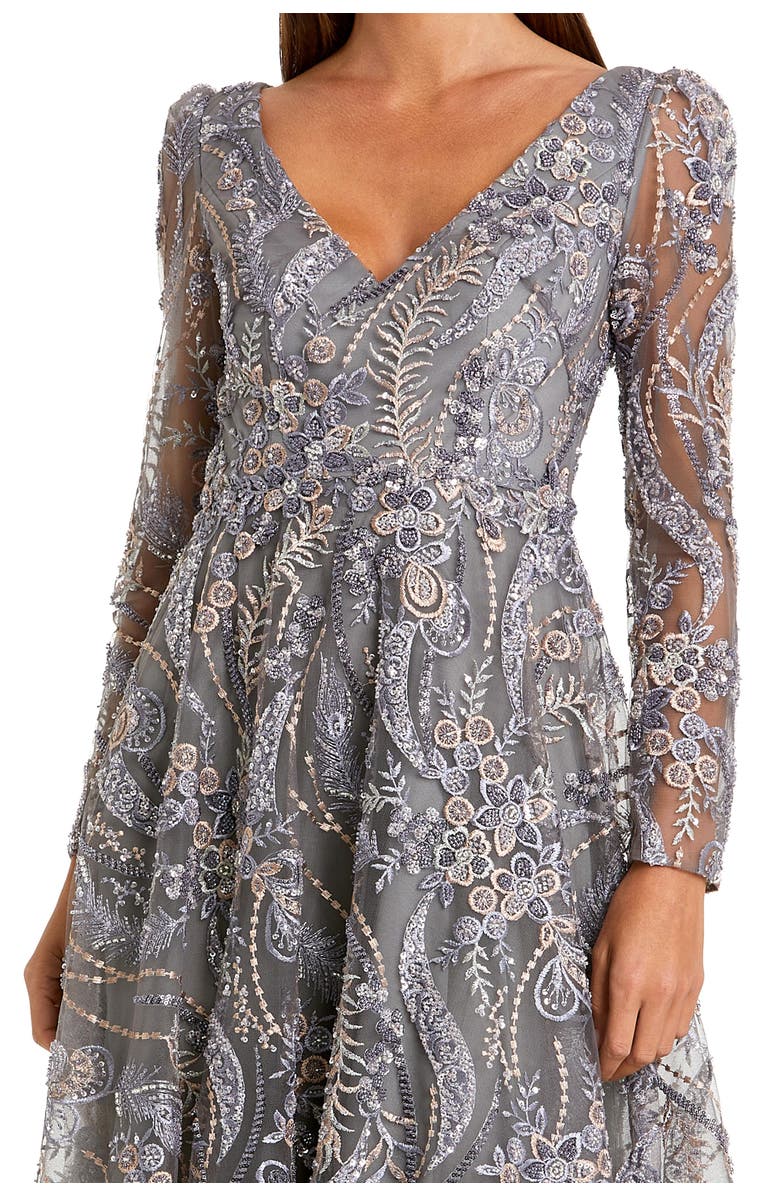 Mac Duggal Women's Floral Embroidered Long Sleeve V Neck Midi Dress, Alternate, color, Charcoal