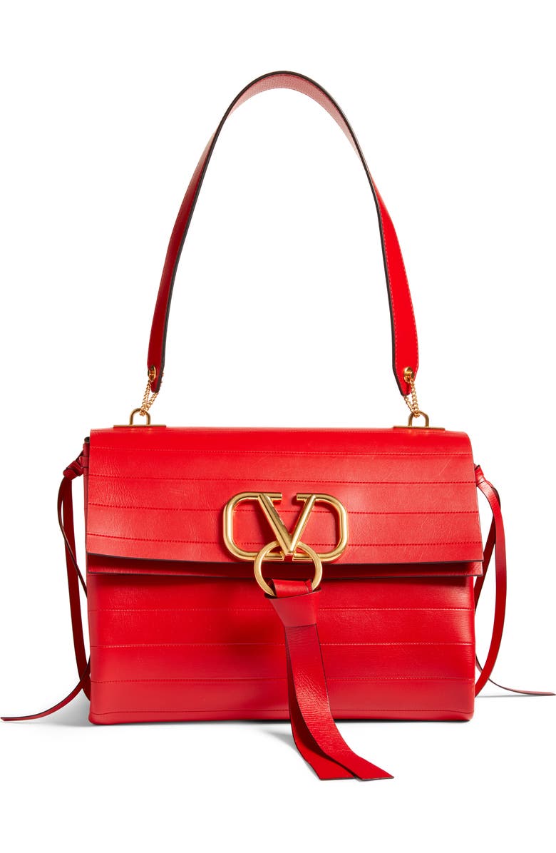 Valentino Garavani Medium V-Ring Leather Shoulder Bag, Main, color,