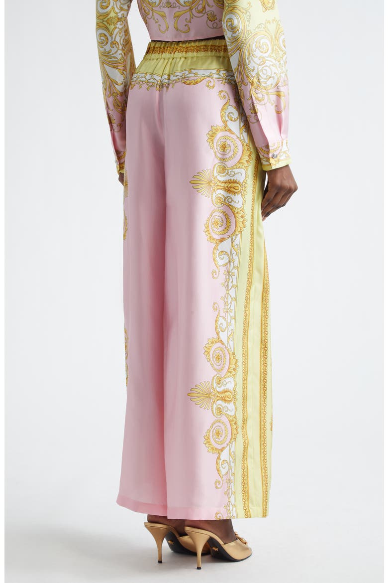Barocco Print Wide Leg Silk Twill Pants, Alternate, color, PALE YELLOW ROSE QUARTZ