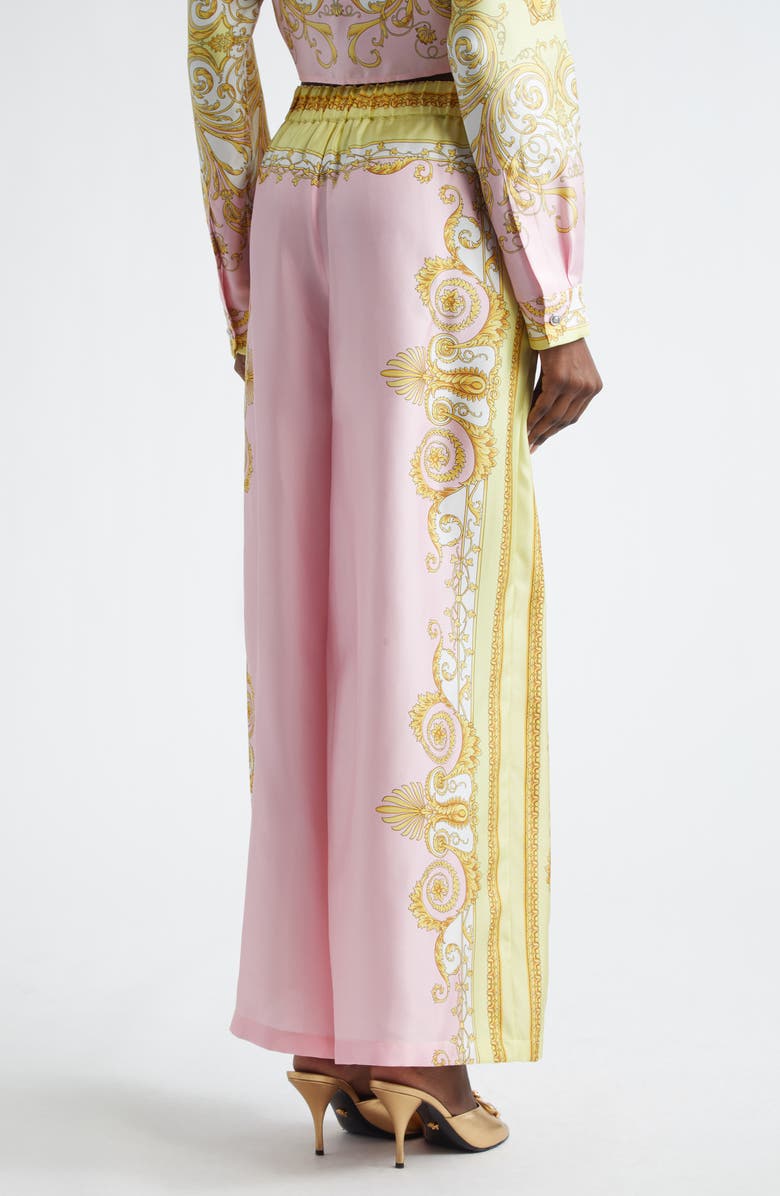 Versace Barocco Print Wide Leg Silk Twill Pants, Alternate, color, Pale Yellow Rose Quartz
