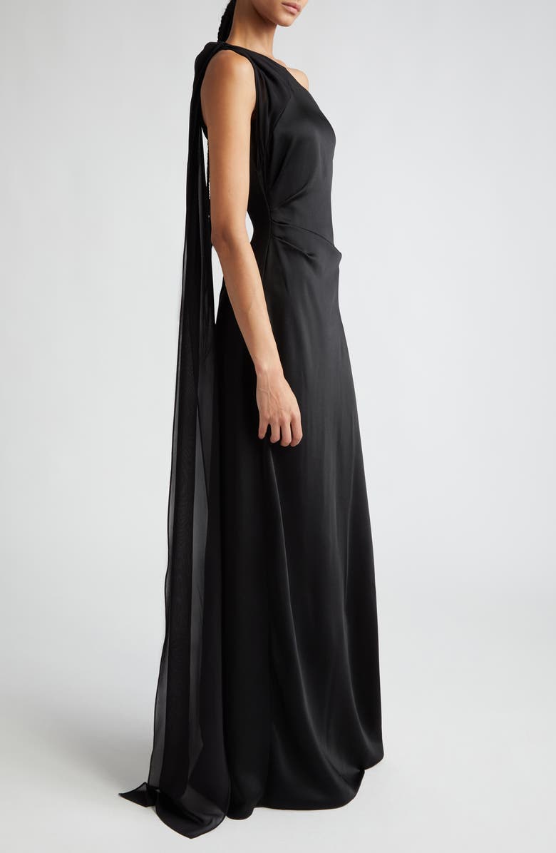 Max Mara Studio Bernard One-Shoulder Reverse Satin Gown with Scarf Detail, Alternate, color,