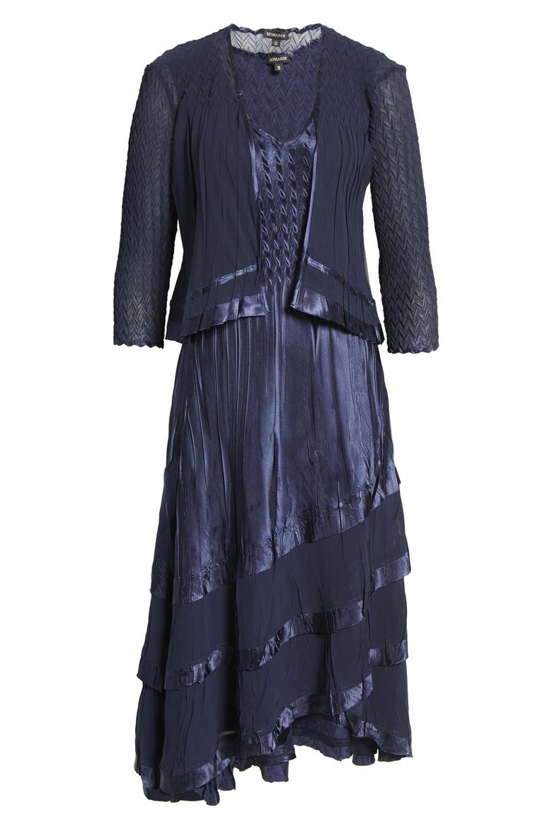 Tiered Chiffon & Charmeuse Midi Dress with Jacket, Alternate, color, MIDNIGHT NAVY