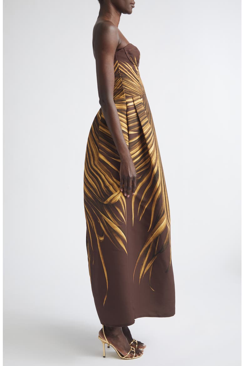 Palm Print Strapless Faille Dress, Alternate, color, BROWN/ BROWN