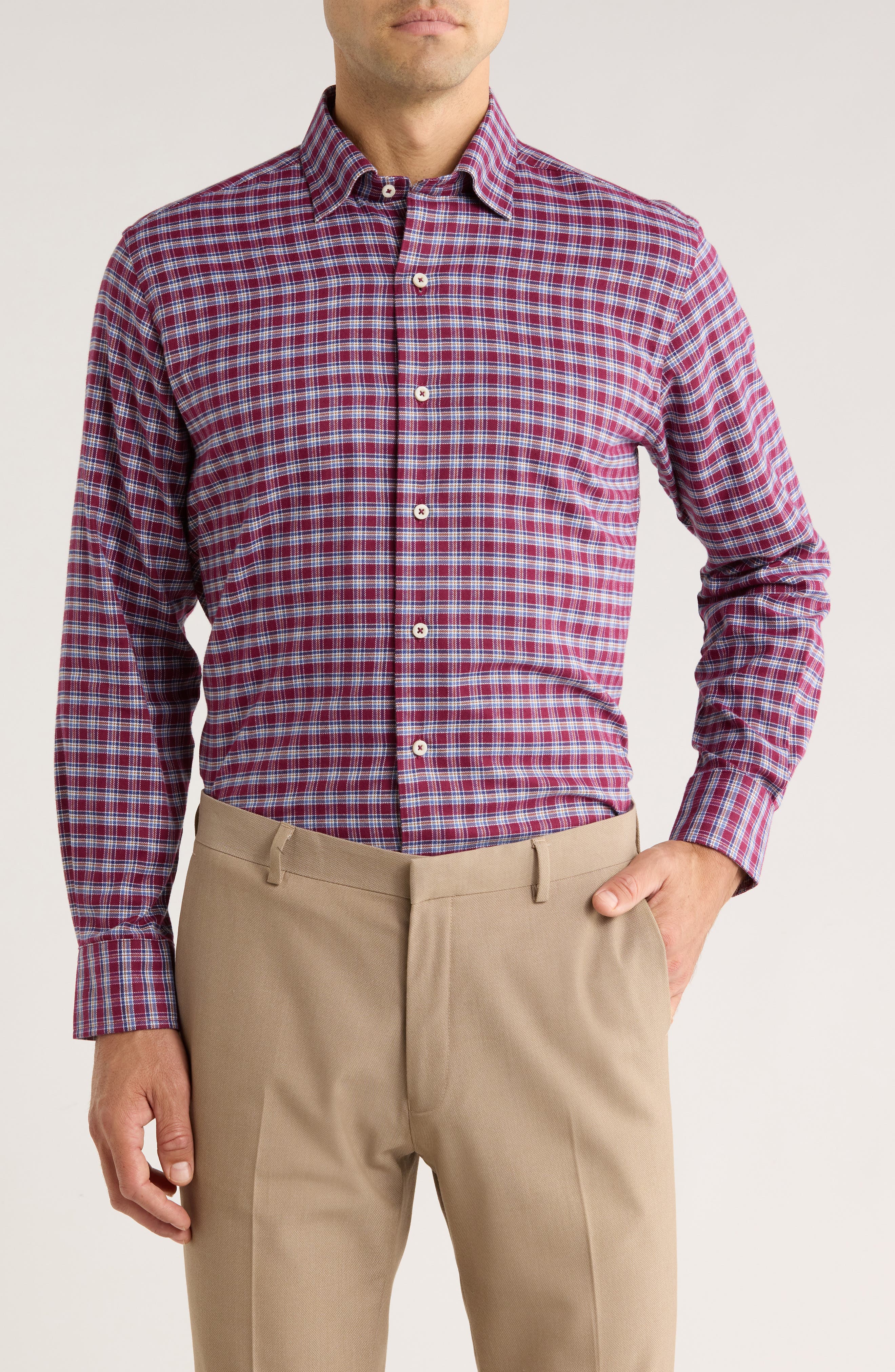 David Donahue Herringbone Check Print Sport Shirt