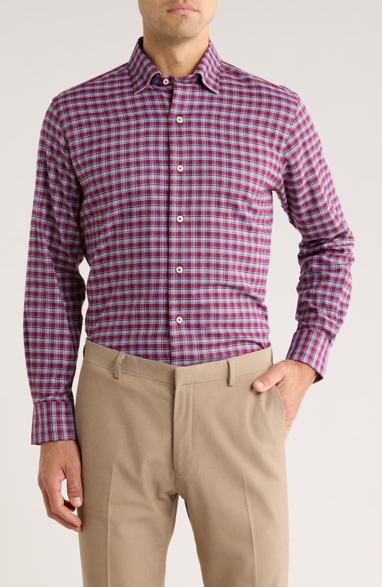 David Donahue Herringbone Check Print Sport Shirt, Main, color, Merlot/ Multi