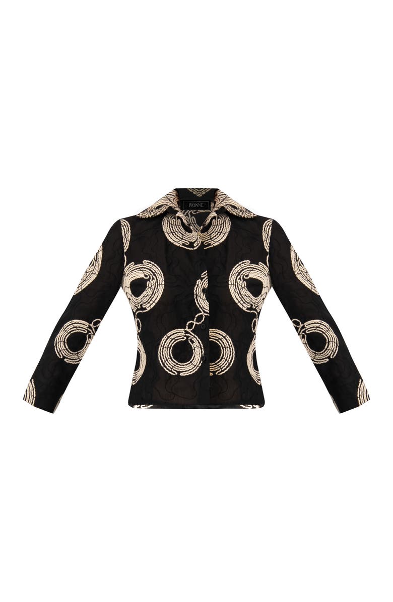 IVONNE Black Cropped Shirt with Circular Embroidery, Alternate, color, 