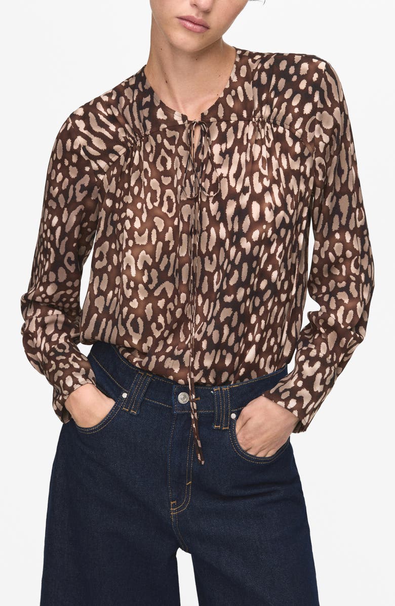 MANGO Leopard Print Satin Top, Main, color, Brown
