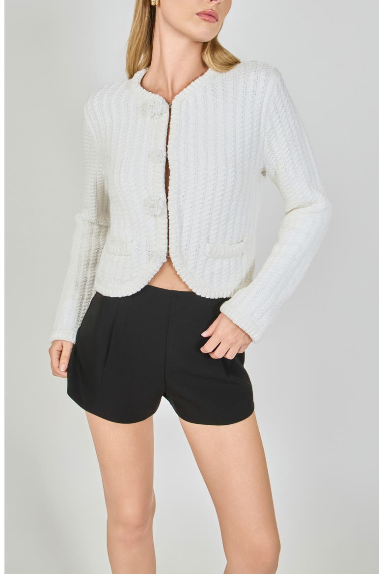 Beaded Flower Embellishment Cable Knit Pointelle Sweater, Alternate, color, WHITE