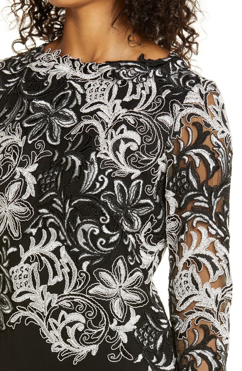 Tadashi Shoji Embroidered Long Sleeve Crepe Trumpet Gown, Alternate, color, 