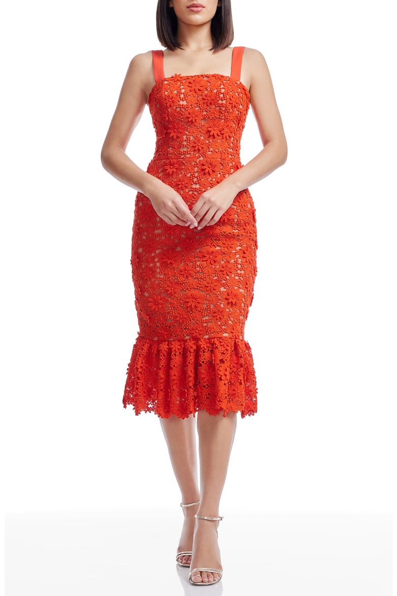 Desiree Floral Appliqué Cocktail Midi Dress, Main, color, POPPY