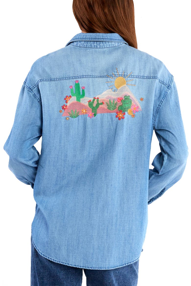 Wild Cactus Embrodiered Denim Button-Up Shirt, Alternate, color, DENIM