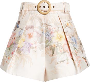 Zimmermann Tropical Floral Belted Linen Tuck Shorts | Nordstrom