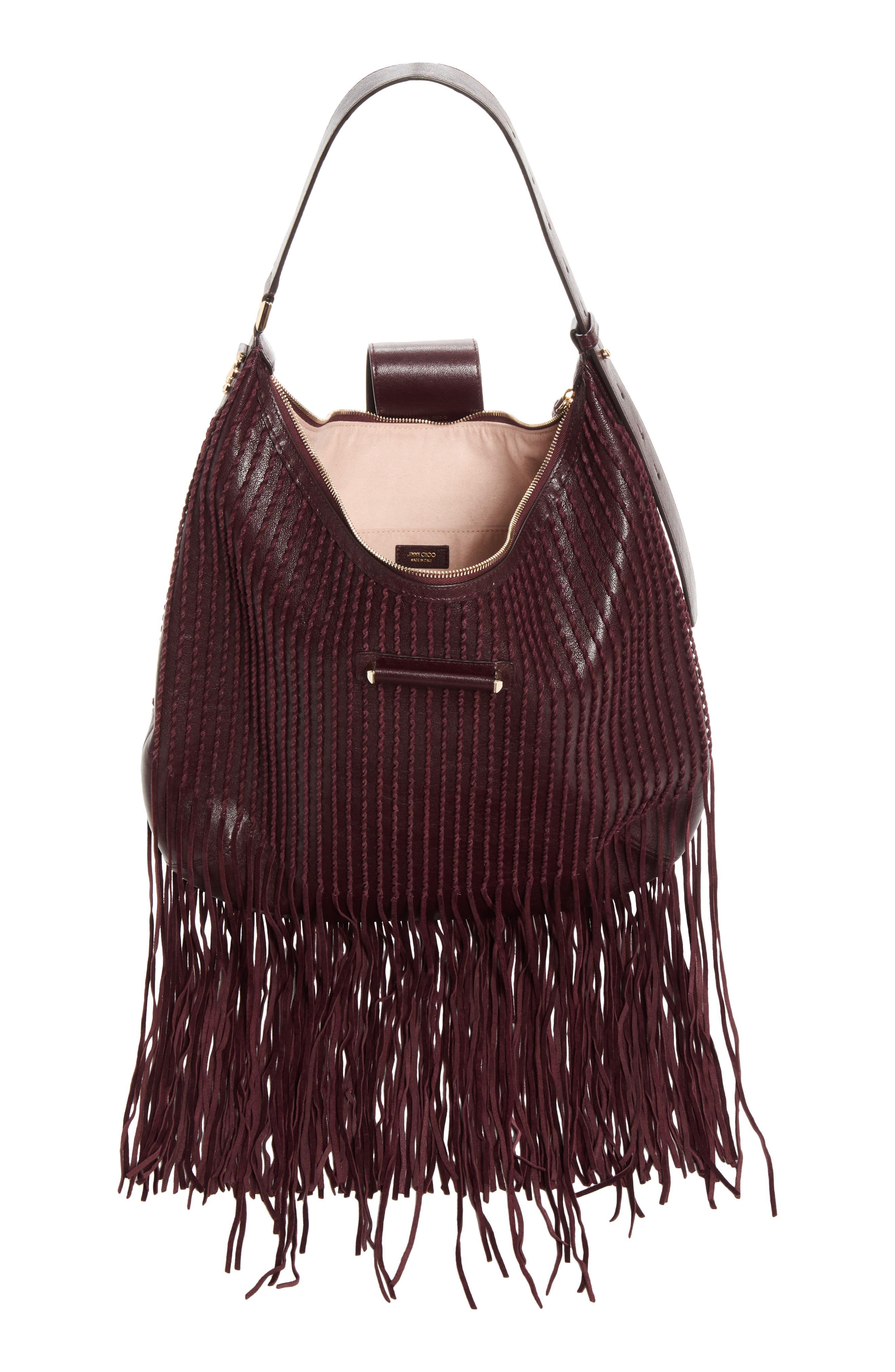 Bar Medium Leather Fringe Hobo, Alternate, color, DEEP MERLOT/ SHINY GOLD