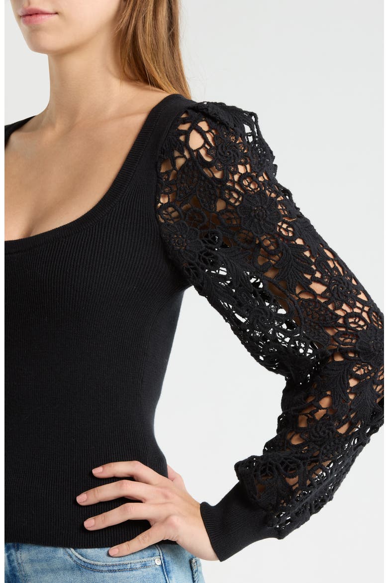 Maya Lace Sleeve Sweater, Alternate, color, BLACK