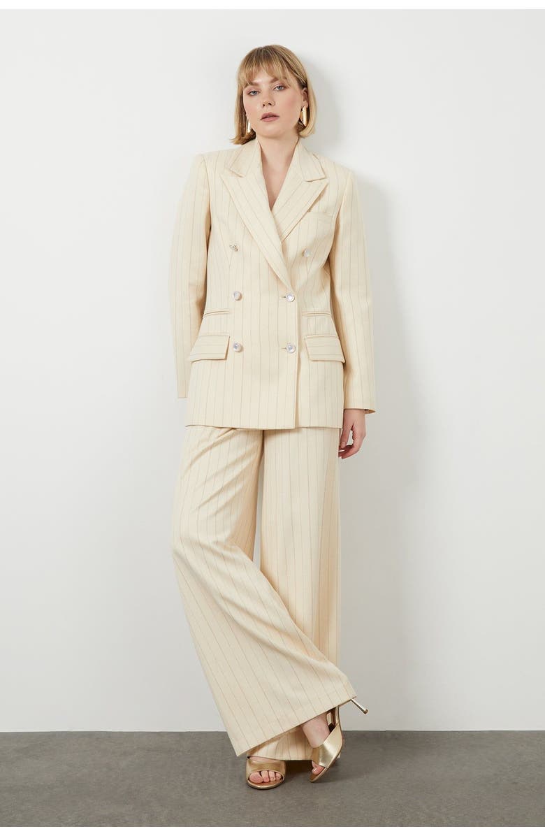 Gizia Pearl Button Detail Striped Off-White Jacket, Main, color, Ecru