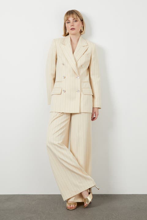 Pearl Button Detail Striped Off-White Jacket