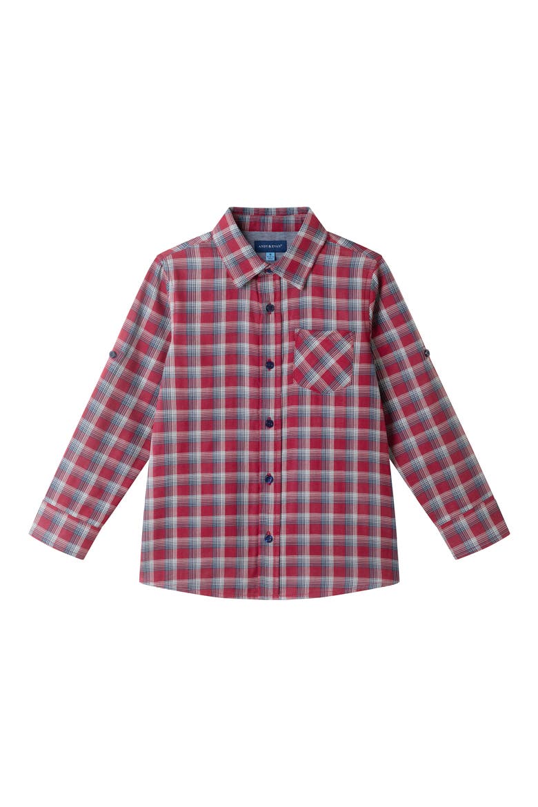 Kids' Plaid Cotton Button-Up Shirt, Main, color, RED