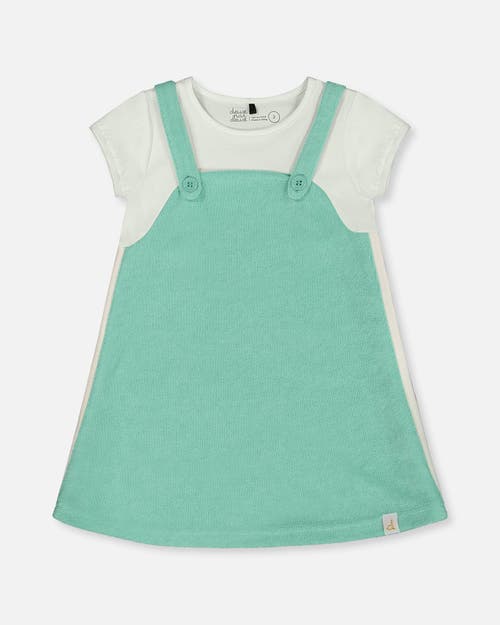 Deux Par Deux Little Girl's Terry Cloth Dress Turquoise And Off-white In Turquoise And Off-white