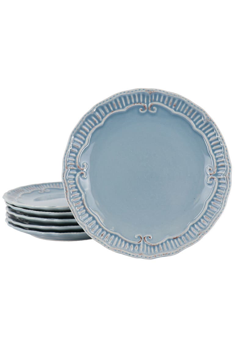 Capri 6 piece 11in Stoneware Embossed Dinner Plate Set, Main, color, Blue