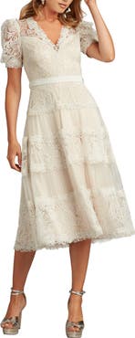 Tadashi Shoji Embroidered Lace Tiered Midi Dress