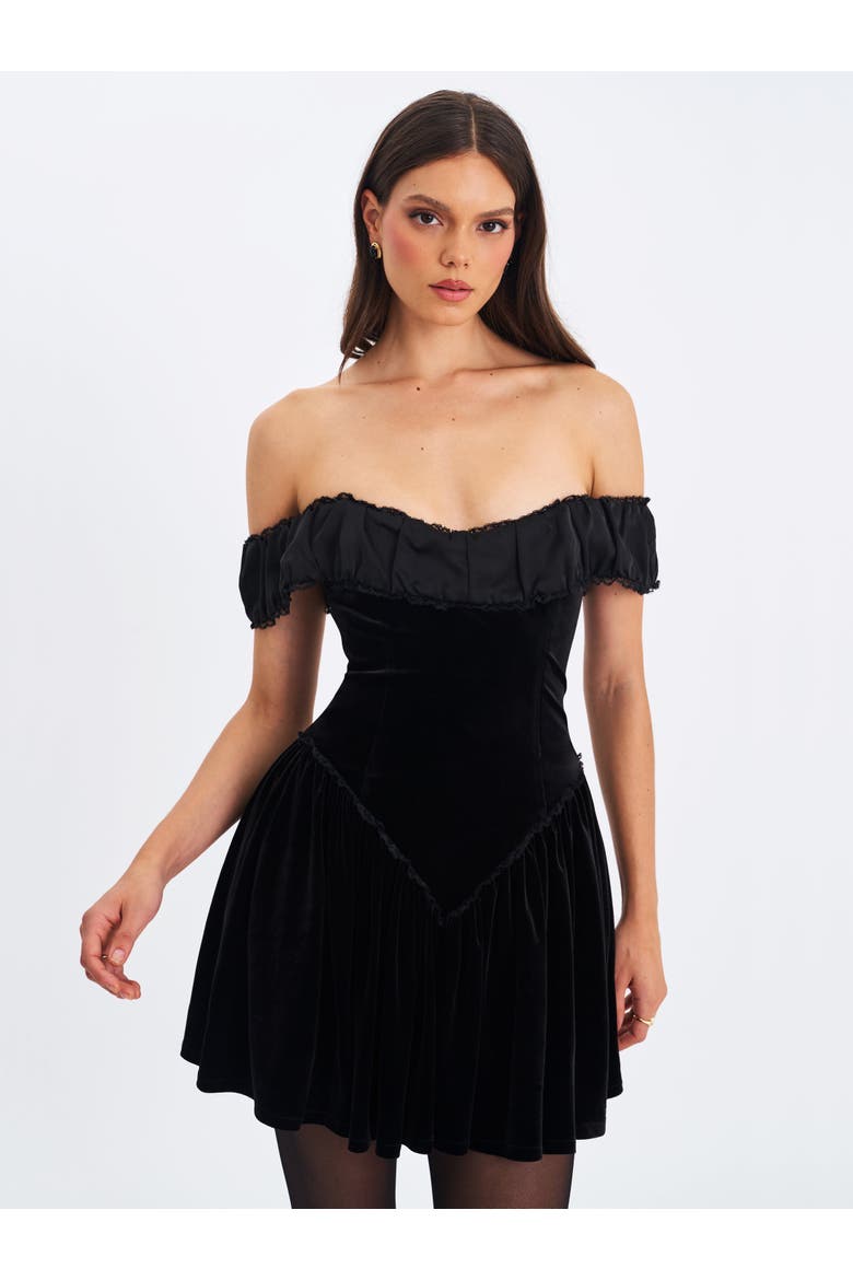 Daisha Lace Trimmed Off-Shoulder Ruched Mini Dress, Alternate, color, Black