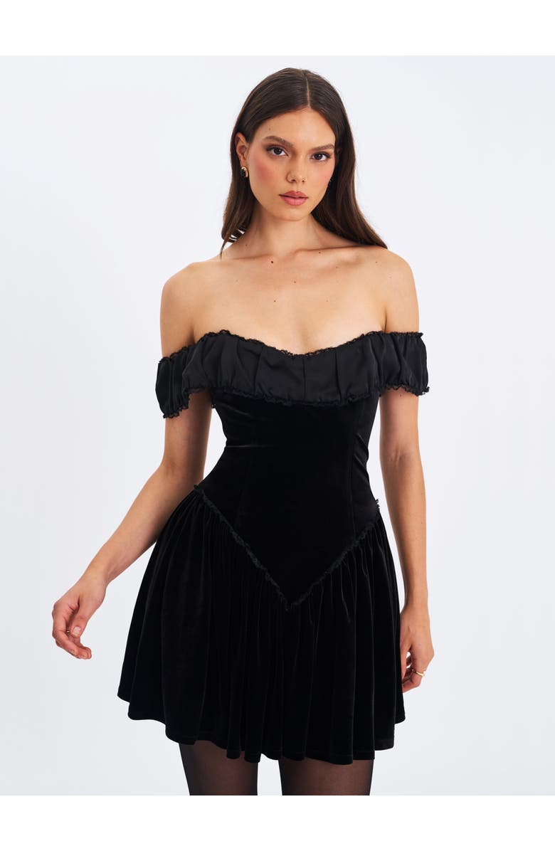 Miss Circle Daisha Lace Trimmed Off-Shoulder Ruched Mini Dress, Alternate, color, Black