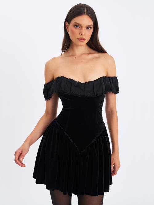 Miss Circle Daisha Lace Trimmed Off-shoulder Ruched Mini Dress In Black