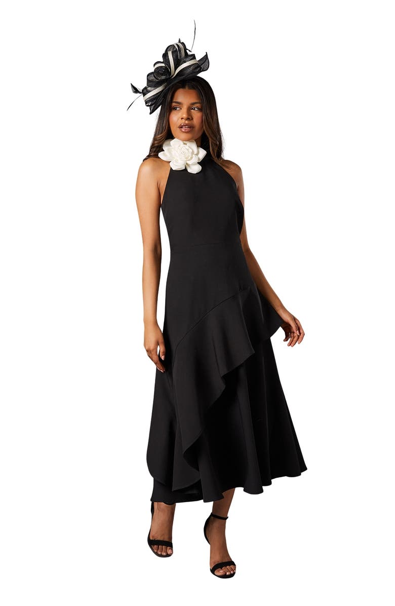 Coast Petite High Neck Corsage Midi Dress, Main, color, Mono
