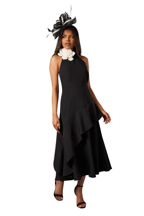 Petite High Neck Corsage Midi Dress