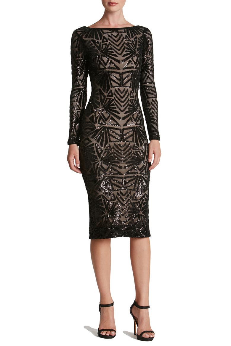Emery Long Sleeve Sequin Cocktail Dress, Main, color, BLACK