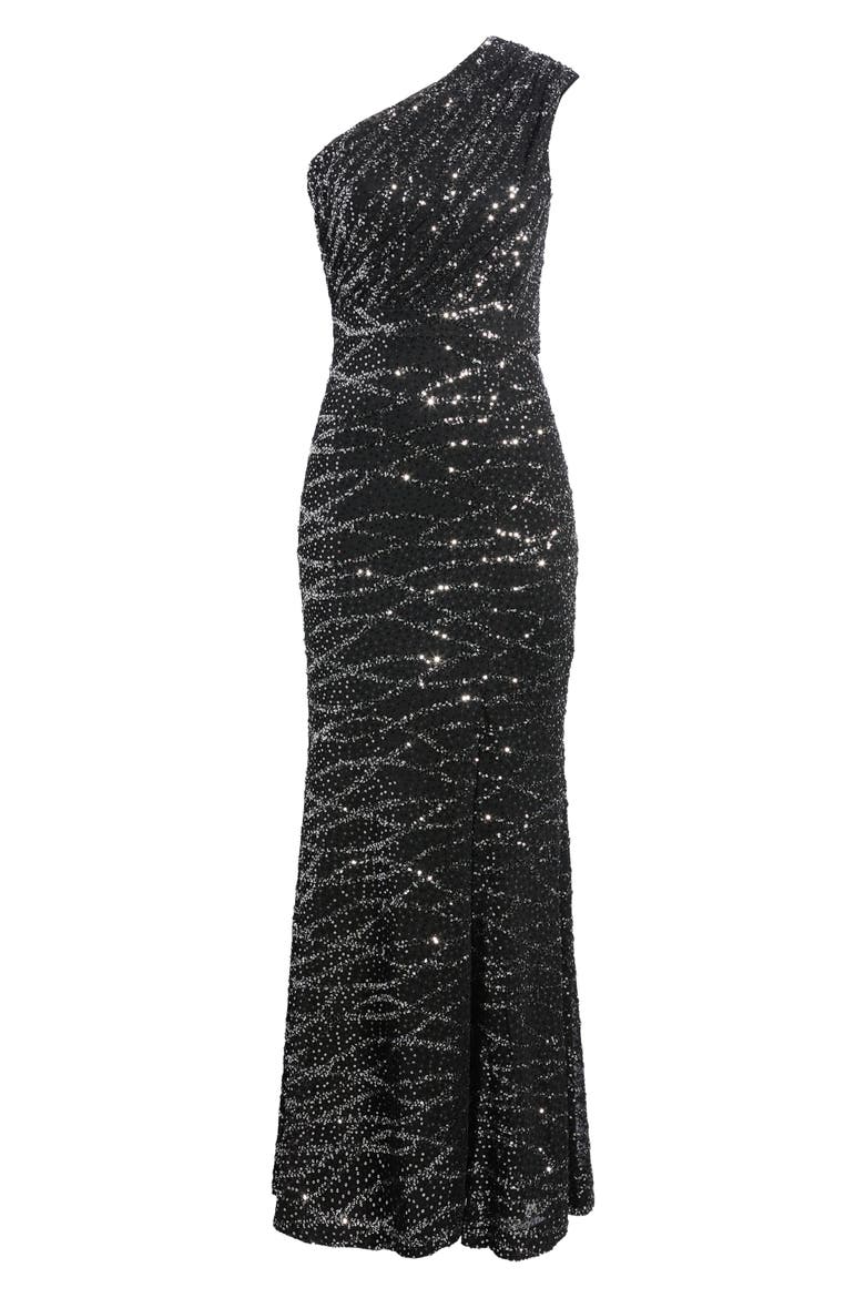 Sequin One Shoulder Gown, Main, color, BLACK