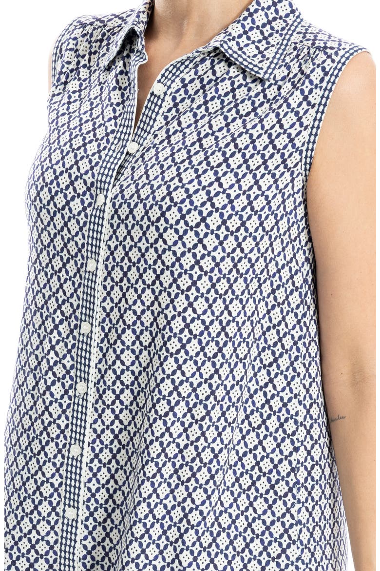 Sleeveless Button Front Short Dress, Alternate, color, INDIGO/ CREAM CHAINMAIL GEO