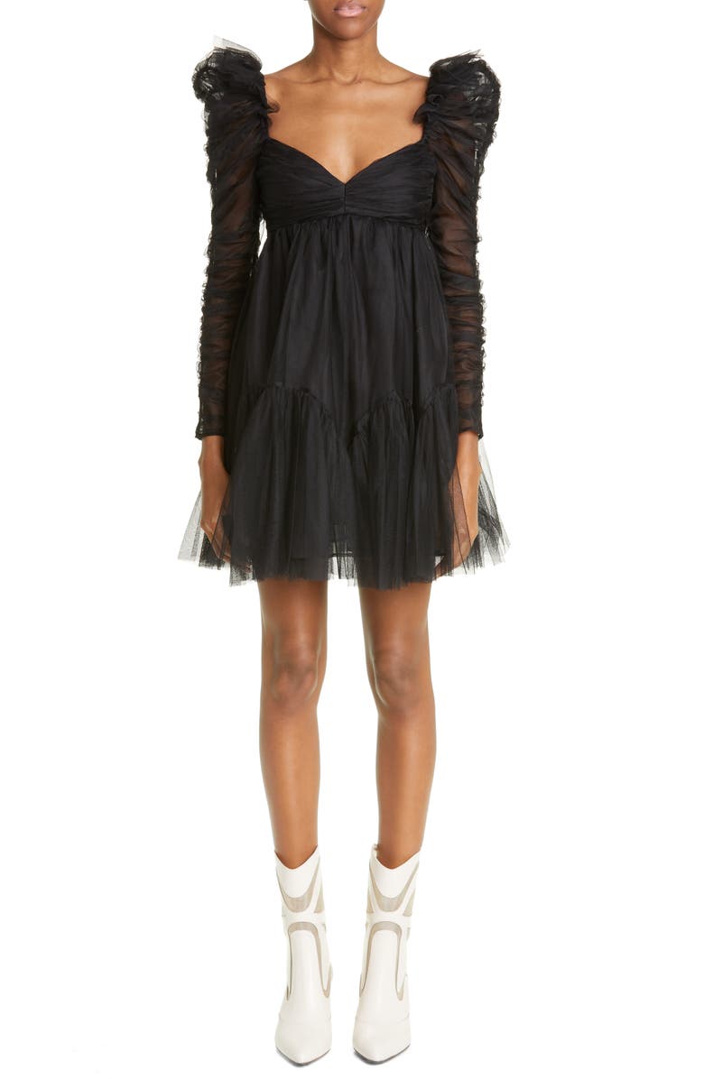 Zimmermann Long Sleeve Ruched Tulle Babydoll Minidress, Main, color, 