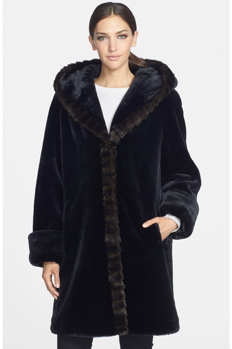 Hooded Faux Fur Walking Coat, Main, color, BLACK