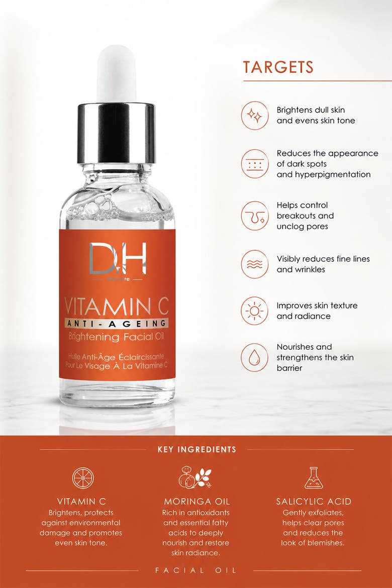 Vitamin C Brightening Oil Facial Oil 30ml for Acne & Blemishes, Large Pores, Alternate, color, White